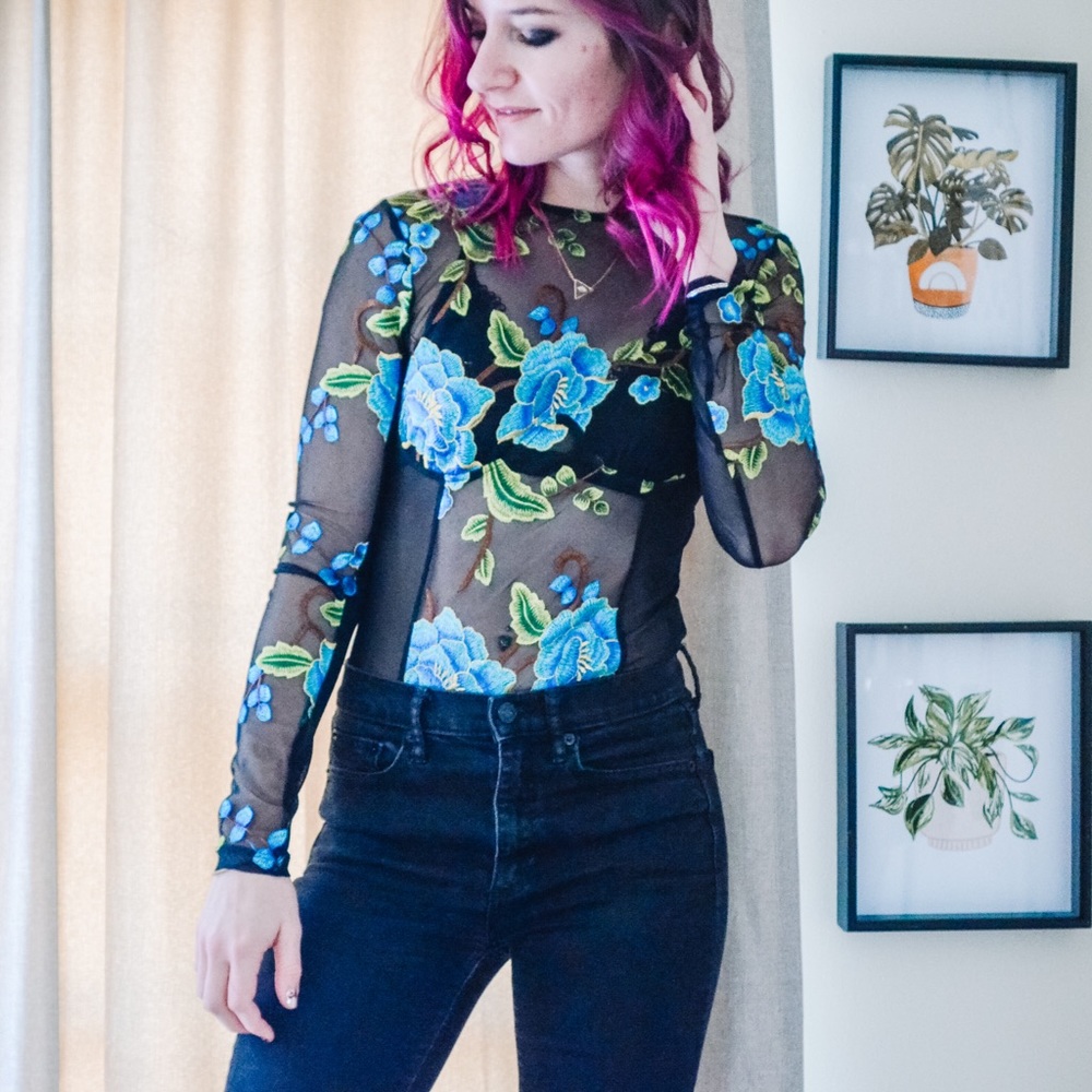 Nasty Gal Blue Embroidered Bodysuit - Picture 1 of 10